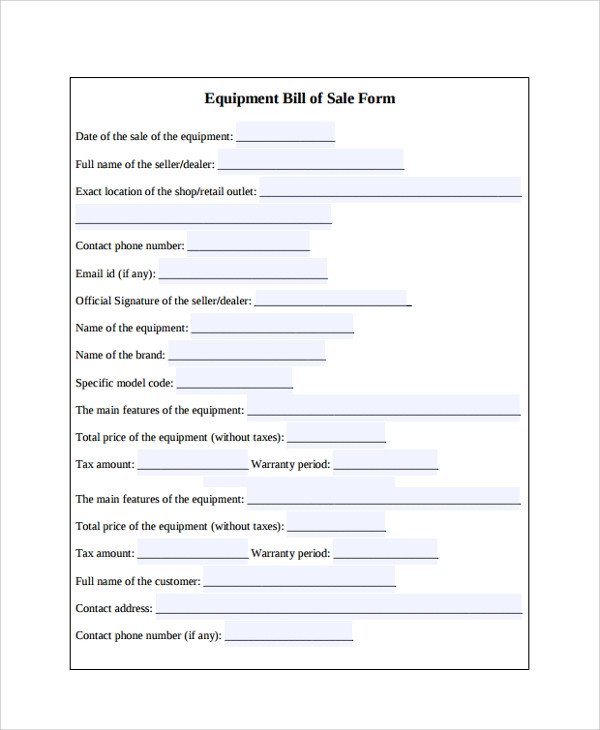 Equipment Bill Of Sale Sample Equipment Bill Of Sale 6 Documents In Pdf Word