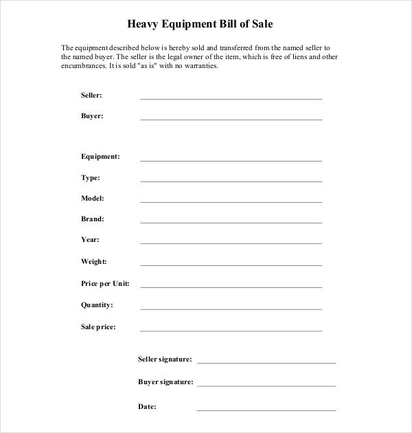 Equipment Bill Of Sale Template 7 Sample Equipment Bill Of Sale forms