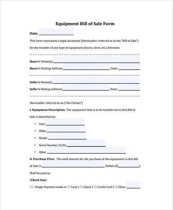 Equipment Bill Of Sale Template Sample Equipment Bill Of Sale 6 Documents In Pdf Word