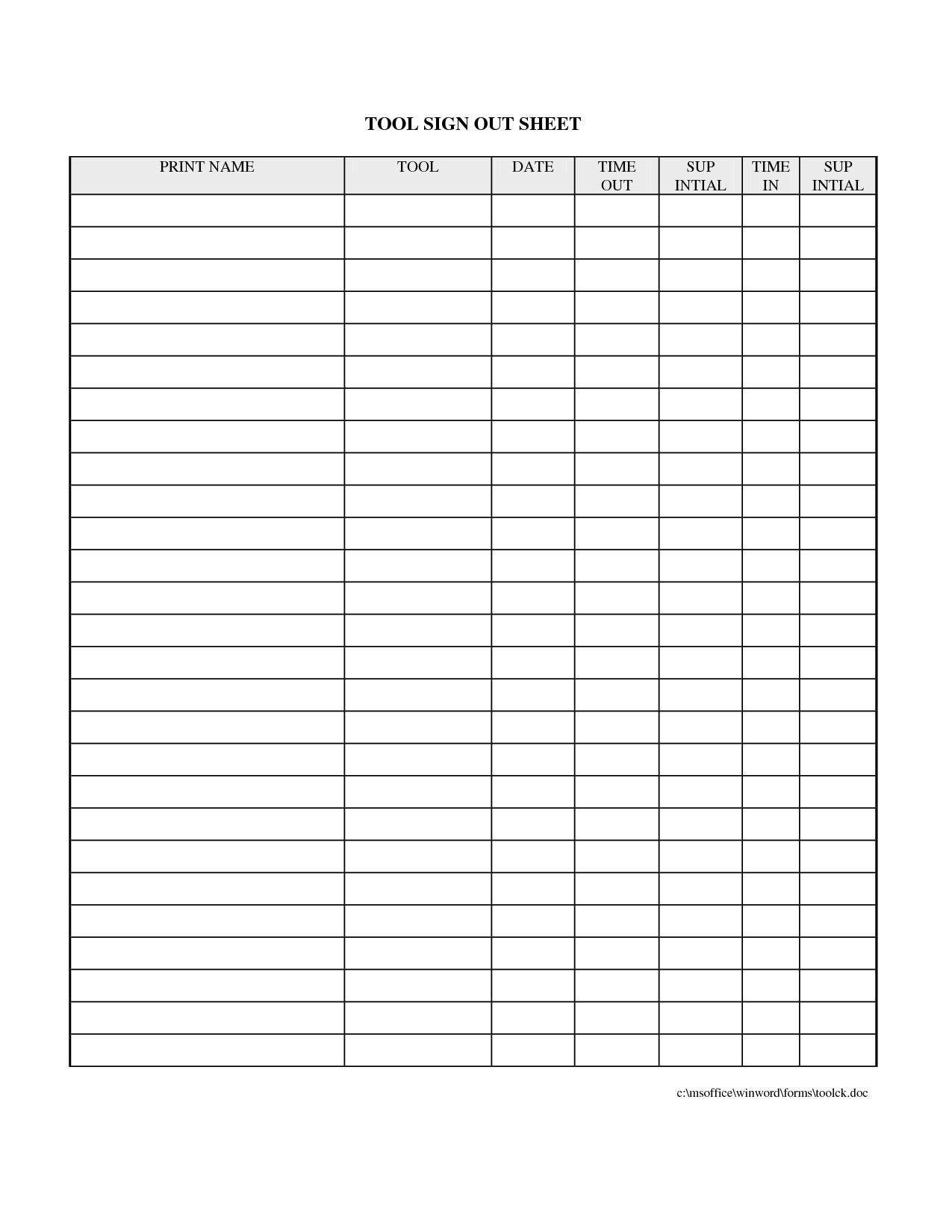 Equipment Checkout Log Printable Sign Out Sheet Template
