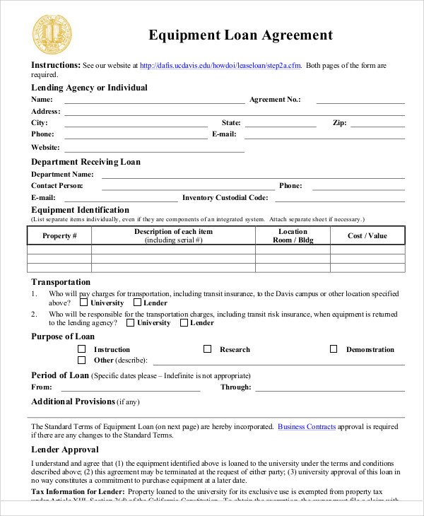 Equipment Loan Agreement Template 31 Loan Agreement Templates Word Pdf Pages