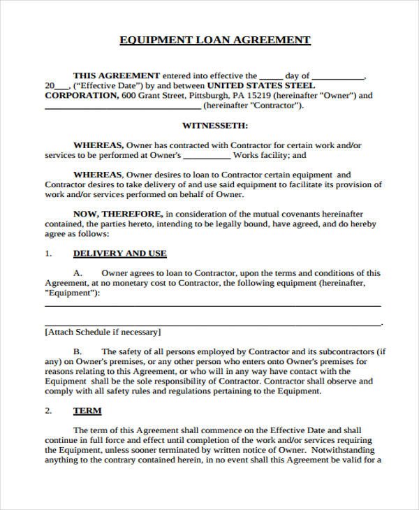 Equipment Loan Agreement Template 40 Printable Loan Agreement forms