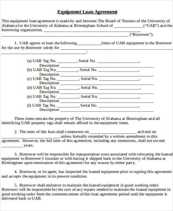 Equipment Loan Agreement Template 60 Sample Agreements In Word