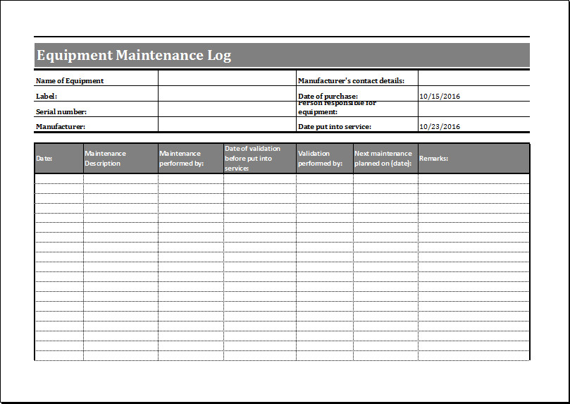 Equipment Maintenance Log Template Excel Equipment Maintenance Log Template