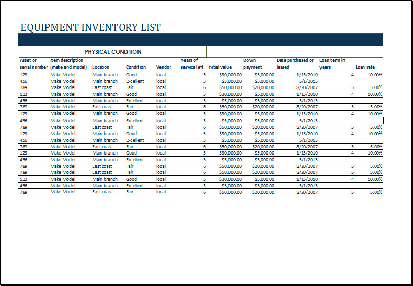 Equipment Maintenance Log Template Excel Ms Excel Equipment Inventory List Template