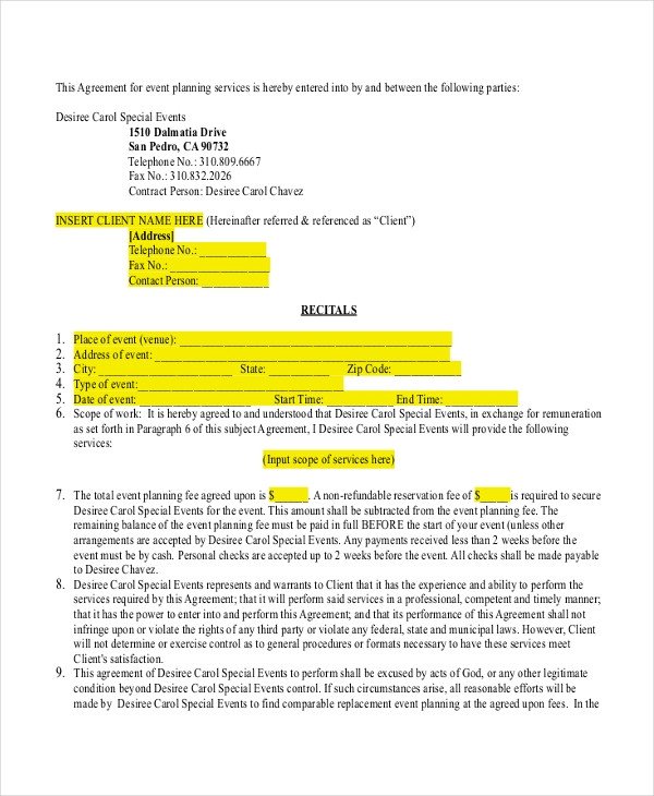 Event Planner Contract Template event Planner forms 8 Free Documents In Pdf