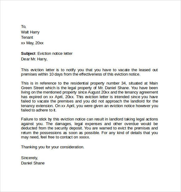 Eviction Notice Letter Template Sample Eviction Notice Letter 8 Free Documents In Pdf Word