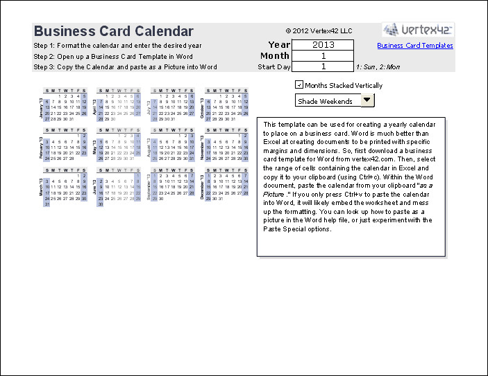 Excel Business Card Template Print A Yearly Calendar On A Business Card
