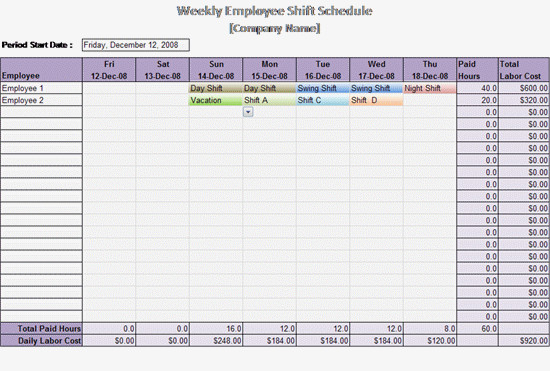 Excel Employee Schedule Templates Work Schedule Template Weekly Employee Shift Schedule