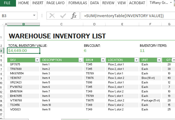 Excel Inventory Template with formulas Warehouse Inventory Excel Template