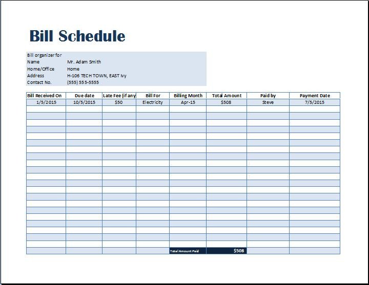 Excel Monthly Bill Template Bill Payment Schedule Template