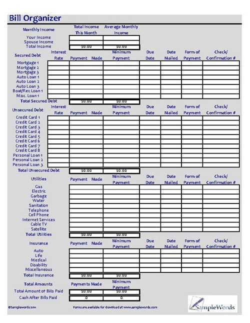 Excel Monthly Bill Template Monthly Bill organizer Excel Xls