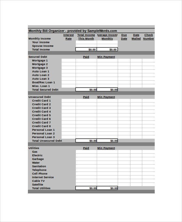 Excel Monthly Bill Template Sample Bill organizer 9 Examples In Pdf Word Excel