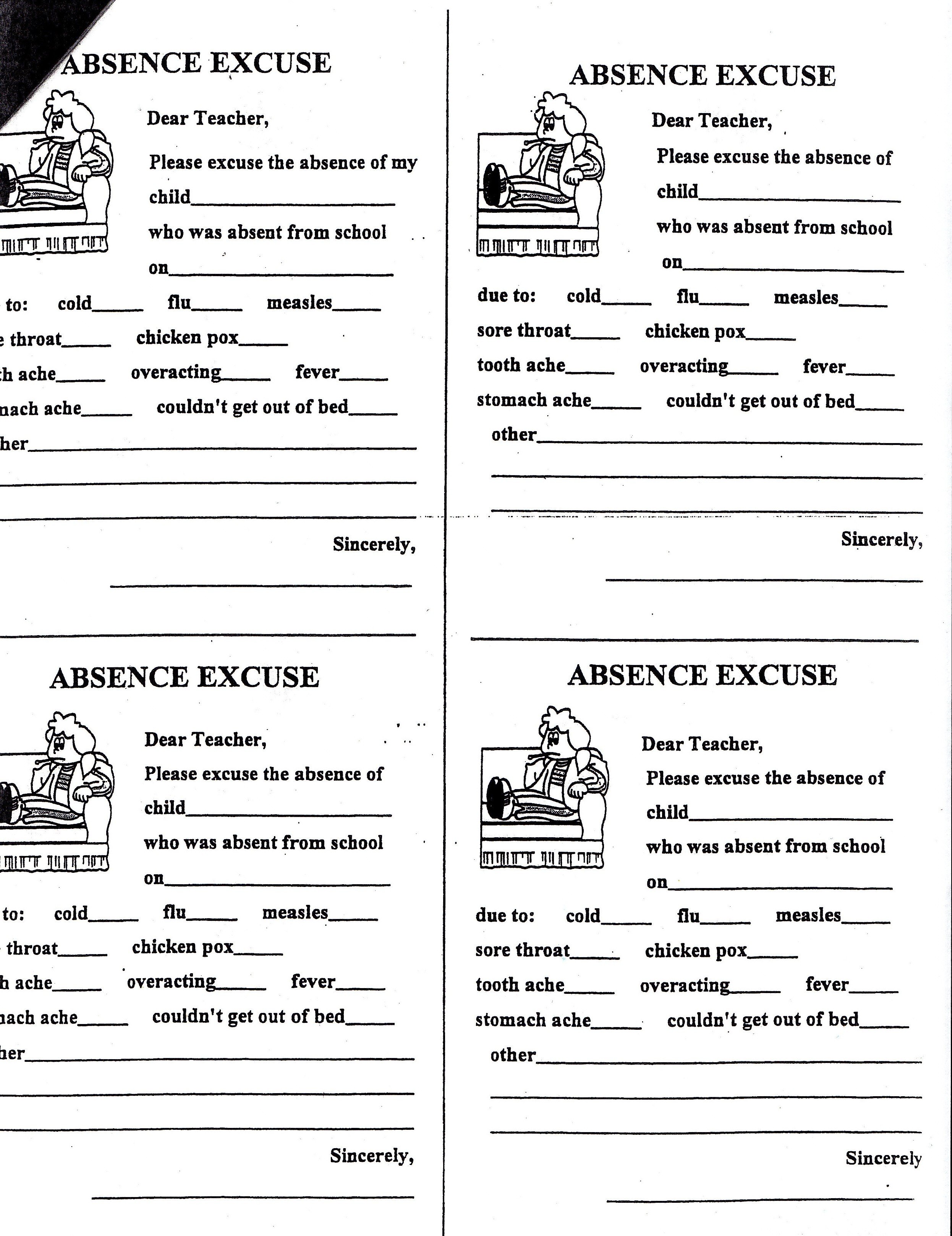 Excuse Notes for School Carrigan Gina Absence Note Printable