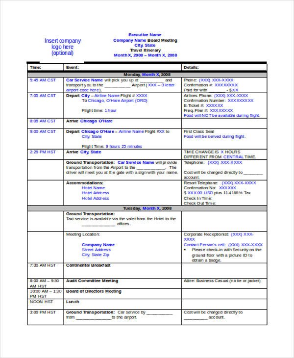 Executive assistant Travel Itinerary Template 9 Travel Itinerary Templates Free Word Pdf format