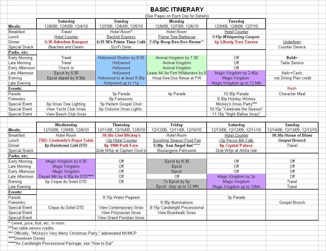 Executive assistant Travel Itinerary Template Basic 2017 December Disney World Itinerary