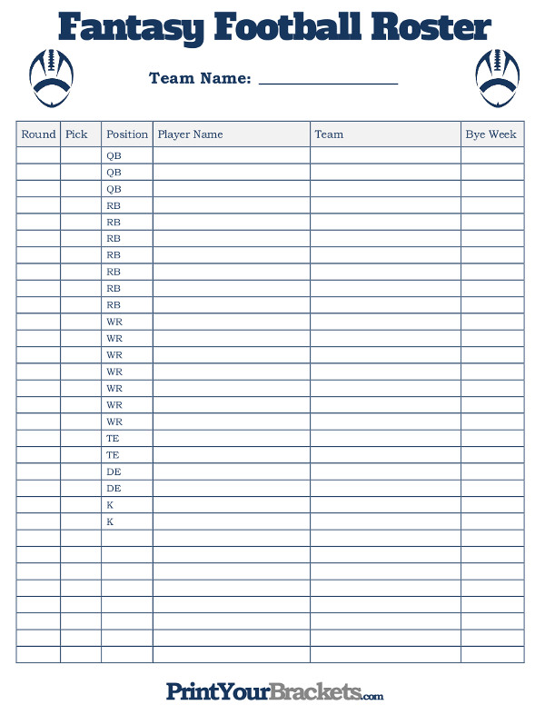 Fantasy Football Draft Spreadsheet Template Printable Fantasy Football Roster Sheet