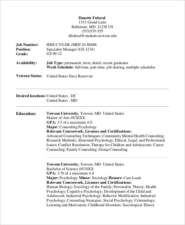 Federal Government Resume Template Sample Federal Resume 8 Examples In Word Pdf