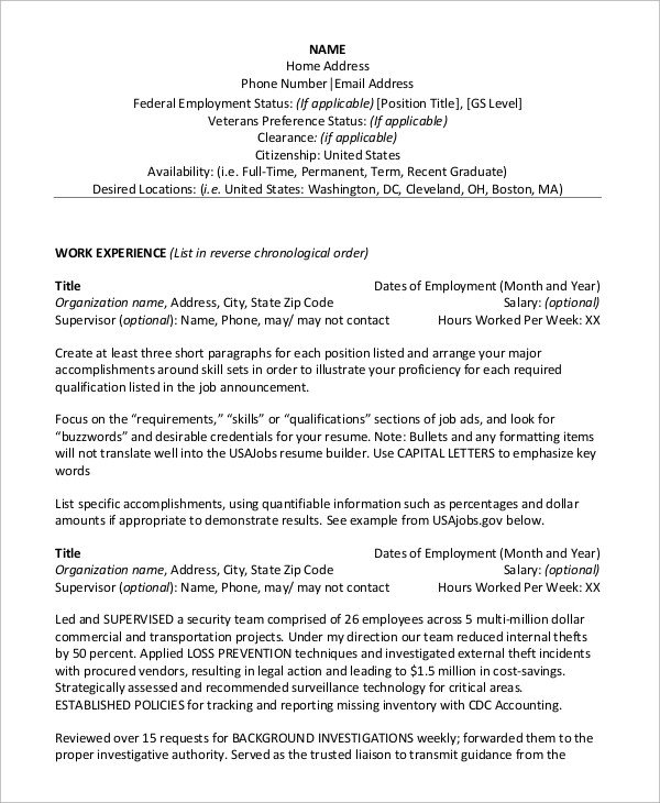 Federal Government Resume Template Sample Federal Resume 8 Examples In Word Pdf