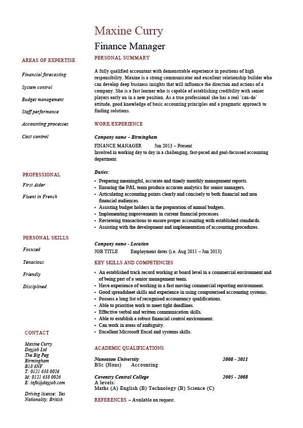 Finance Resume Template Word Finance Manager Resume Cv Example Sample Templates