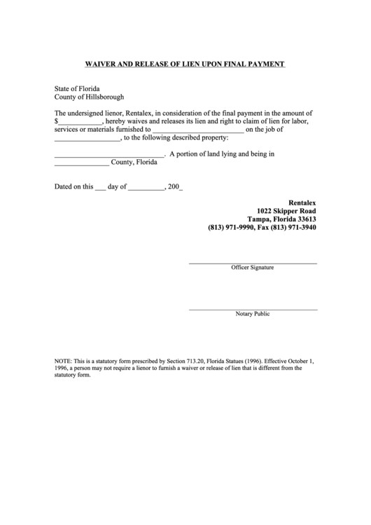Florida Lien Release forms Fillable Waiver and Release Lien Upon Final Payment