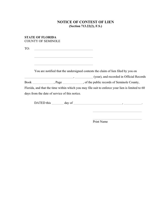 Florida Lien Release forms Notice Of Contest Of Lien Florida In Word and Pdf formats