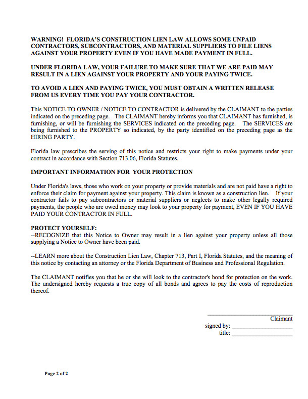 Florida Lien Release forms Notice to Owner Free forms and Faqs