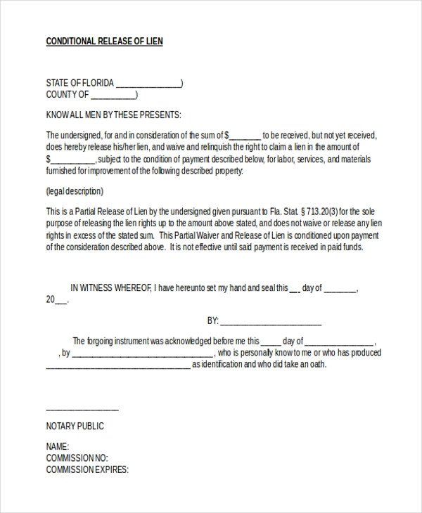 Florida Lien Release forms Sample Lien Release form 11 Free Documents In Doc Pdf