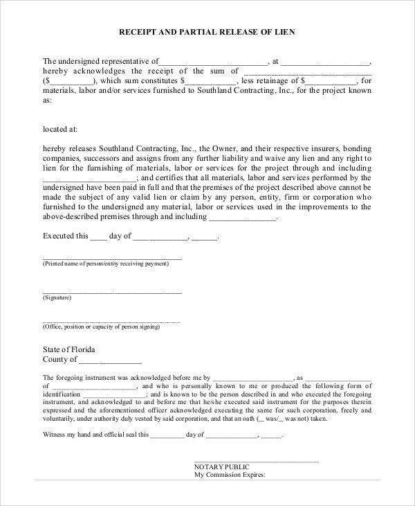 Florida Lien Release forms Sample Lien Release form 9 Examples In Pdf Word