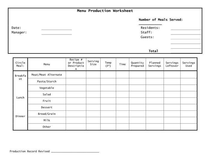Food Service Production Sheets Menu Production Worksheet Template In Word and Pdf formats