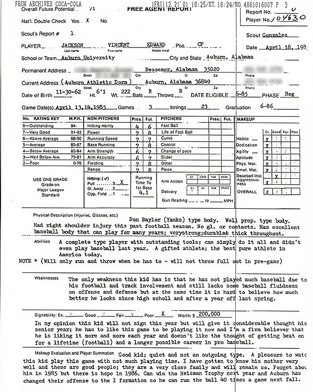Football Scouting Template Free Bo Jackson S 1985 Scouting Report Hint He Was Good at
