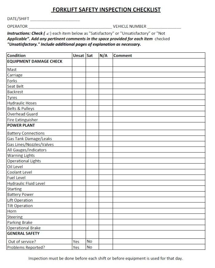 Forklift Inspection form Excel Basic forklift Inspection Checklist Template Templates