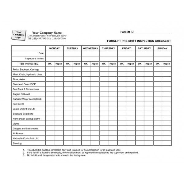 Forklift Inspection form Excel Basic forklift Inspection Checklist Template Templates
