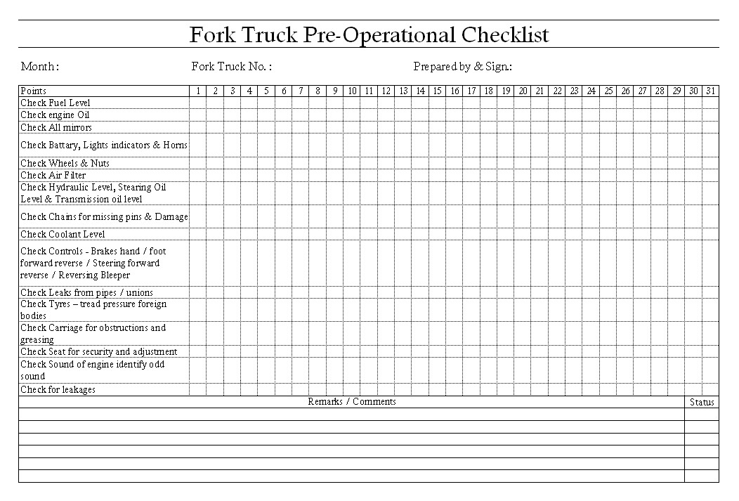 Forklift Inspection form Excel fork Truck Pre Operational Checking
