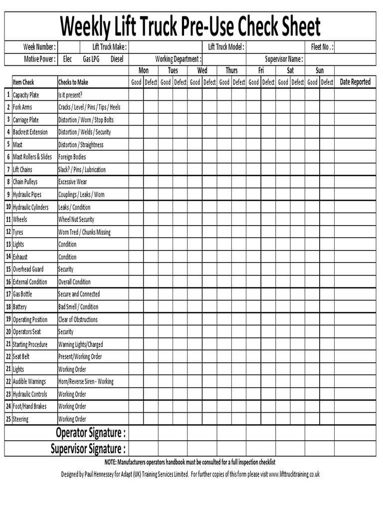 Forklift Inspection form Excel forklift Checklist