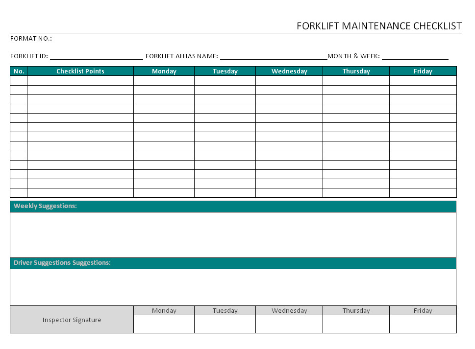 Forklift Inspection form Excel forklift Maintenance Checklist