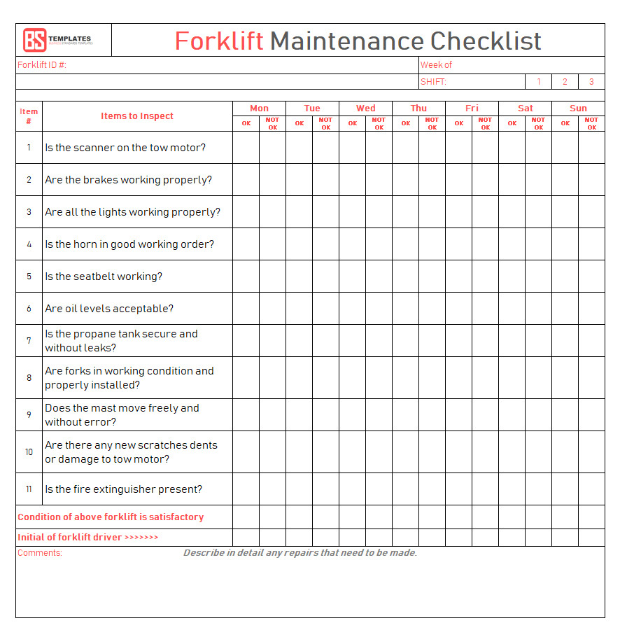 Forklift Inspection form Excel Maintenance Checklist Template 10 Daily Weekly
