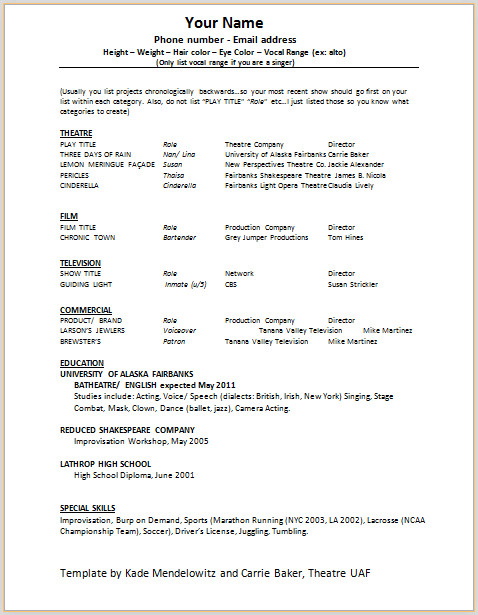 Free Acting Resume Template Document Templates Acting Resume format