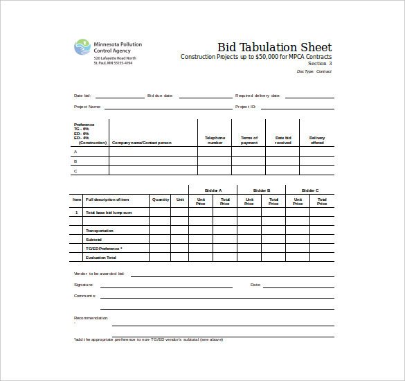 Free Bid Sheet Template Bid Sheet Template 14 Free Sample Example format
