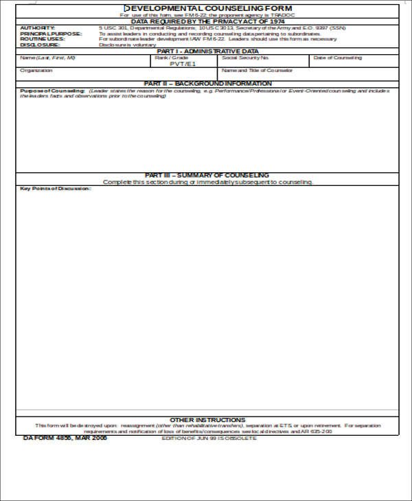 Free Counseling forms Templates 8 Army Counseling form