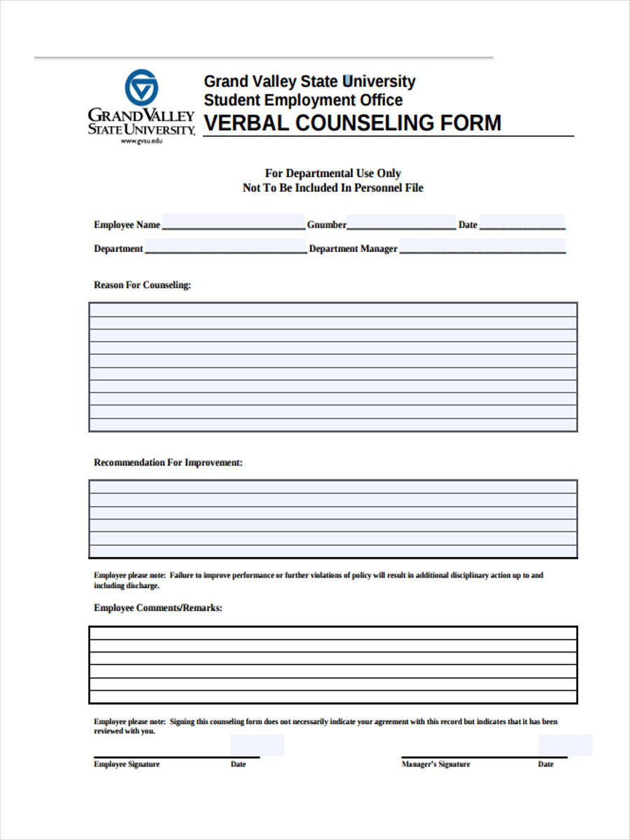 Free Counseling forms Templates 9 Employee Counseling forms Free Sample Example format