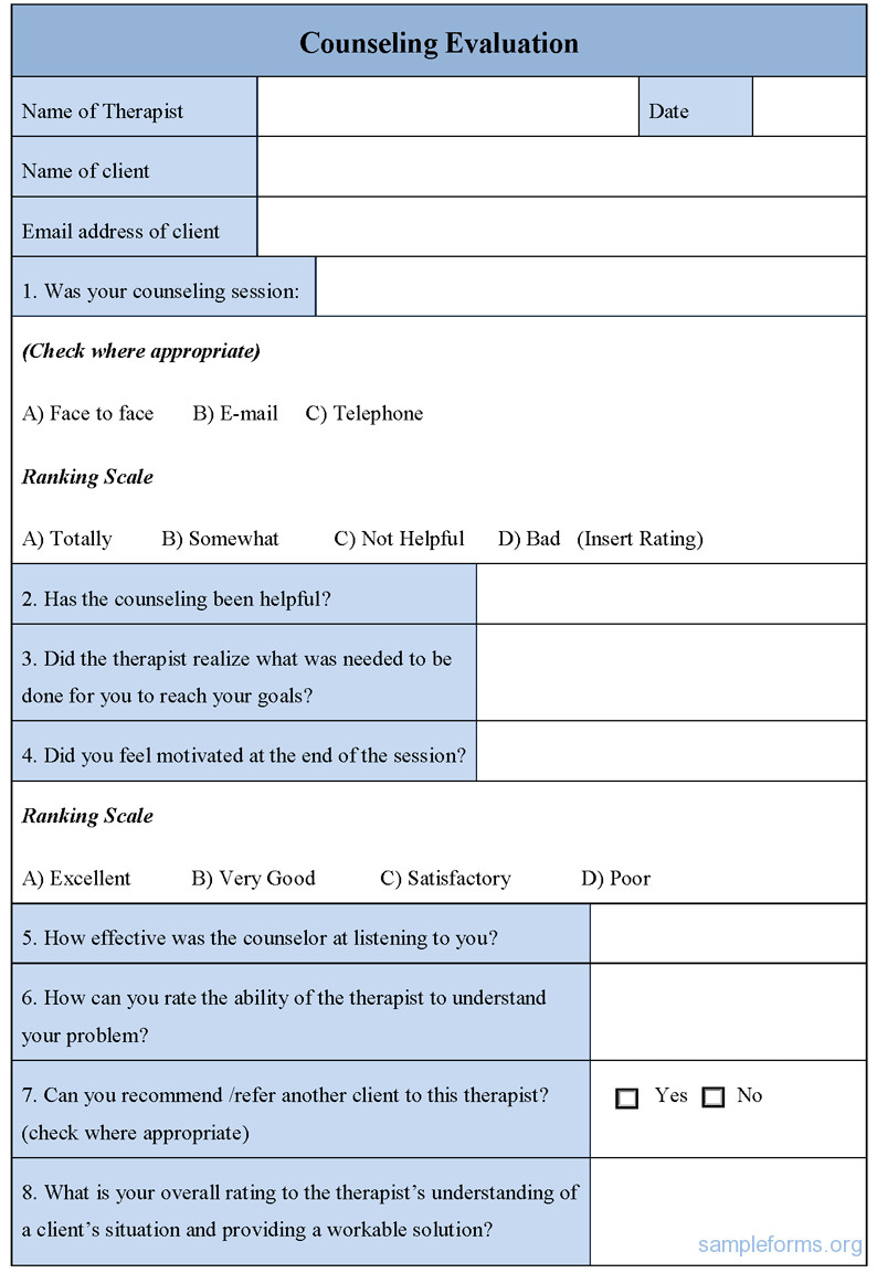 Free Counseling forms Templates Counseling Evaluation form Sample forms