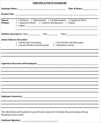Free Counseling forms Templates Sample Employee Counseling form 9 Examples In Word Pdf