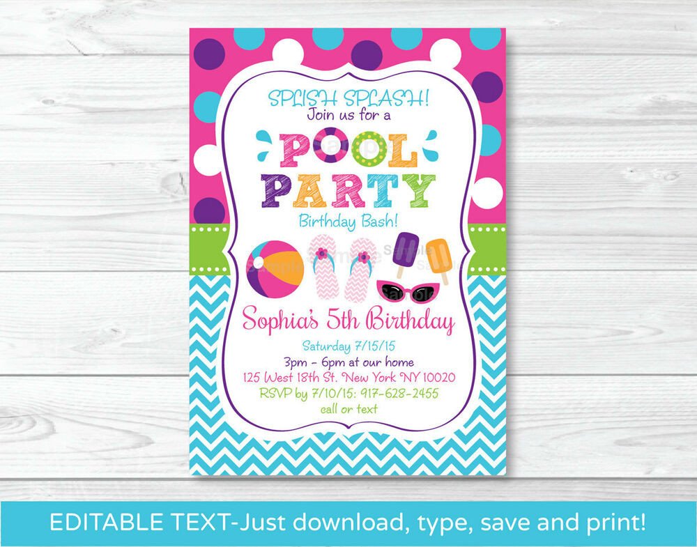 Free Download Invite Templates Girls Pool Party Printable Birthday Invitation Editable