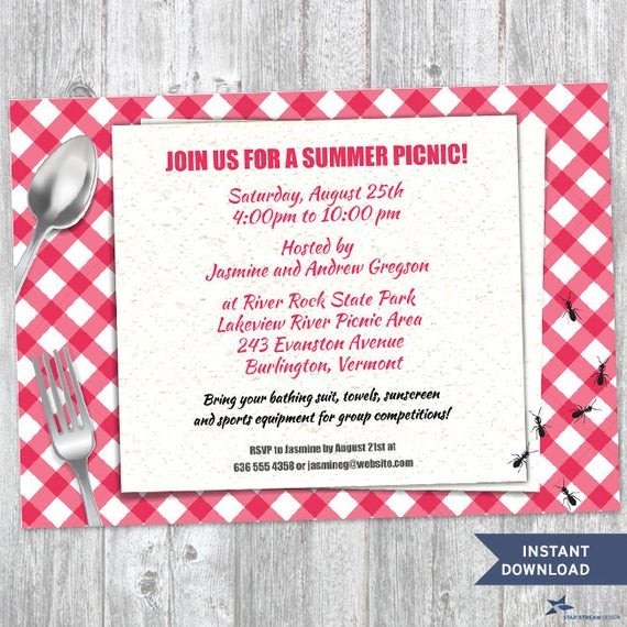 Free Downloadable Picnic Invitation Template Printable Red Gingham Summer Picnic with Ants Party Invitation
