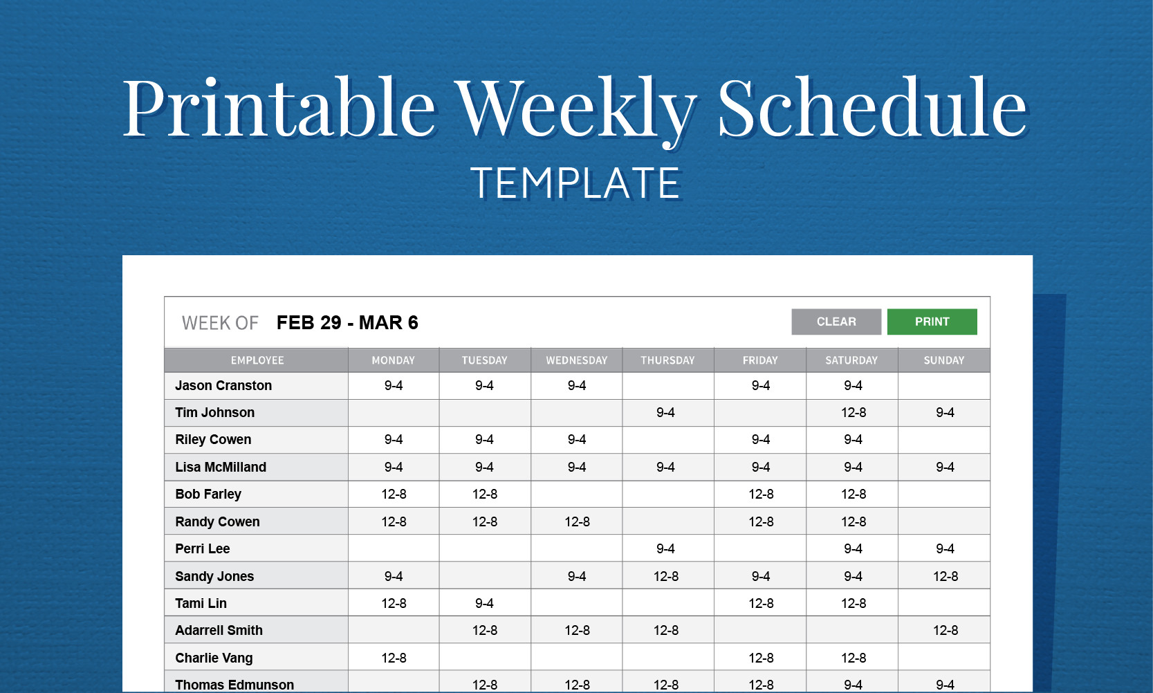 Free Employee Schedule Template Free Printable Work Schedule Template for Employee