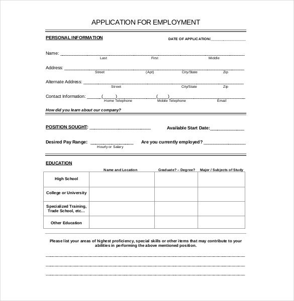 Free Employment Application Template Download 15 Employment Application Templates – Free Sample