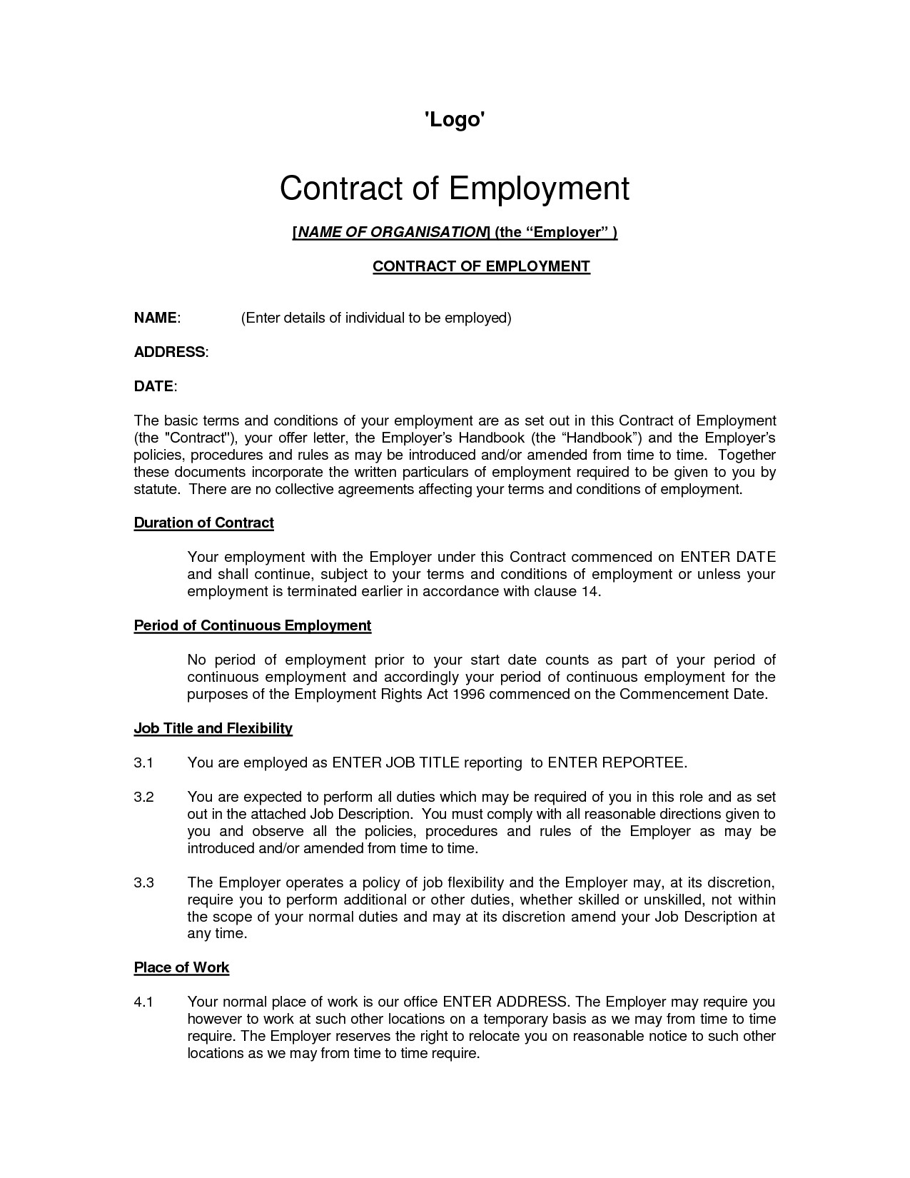 Free Employment Contract Template Free Printable Employment Contract Sample form Generic