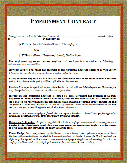 Free Employment Contract Template Free Word Templates Part 2