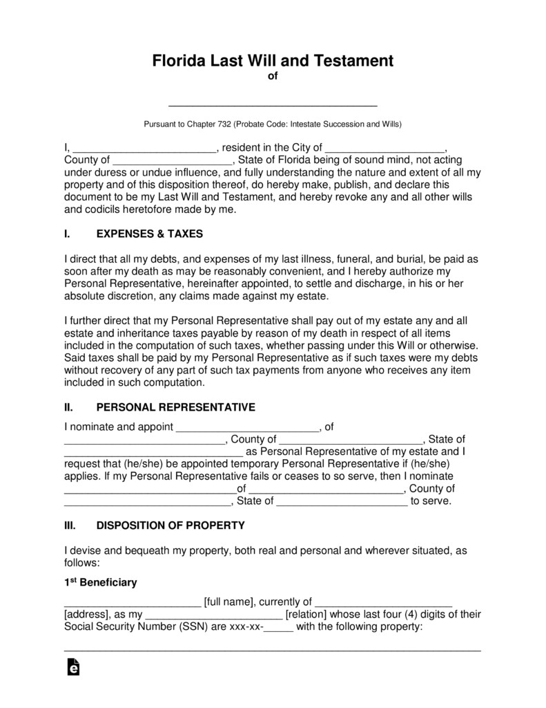Free Florida Wills Template Free Florida Last Will and Testament Template Pdf